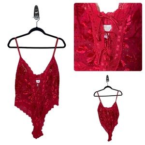 Victoria’s Secret Gold Label Vintage 90s Red Floral Lace Teddy Bodysuit